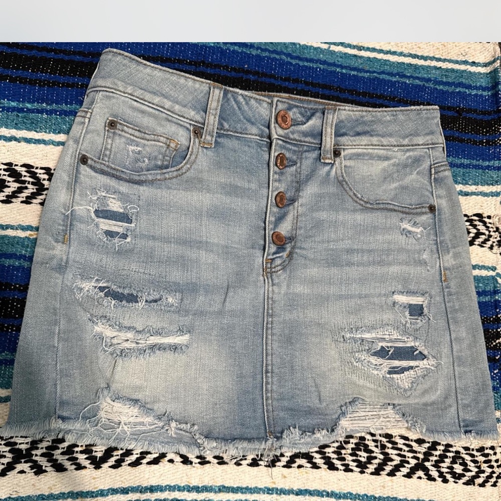 American Eagle Outfitters Light Blue Distressed Mini Skirt